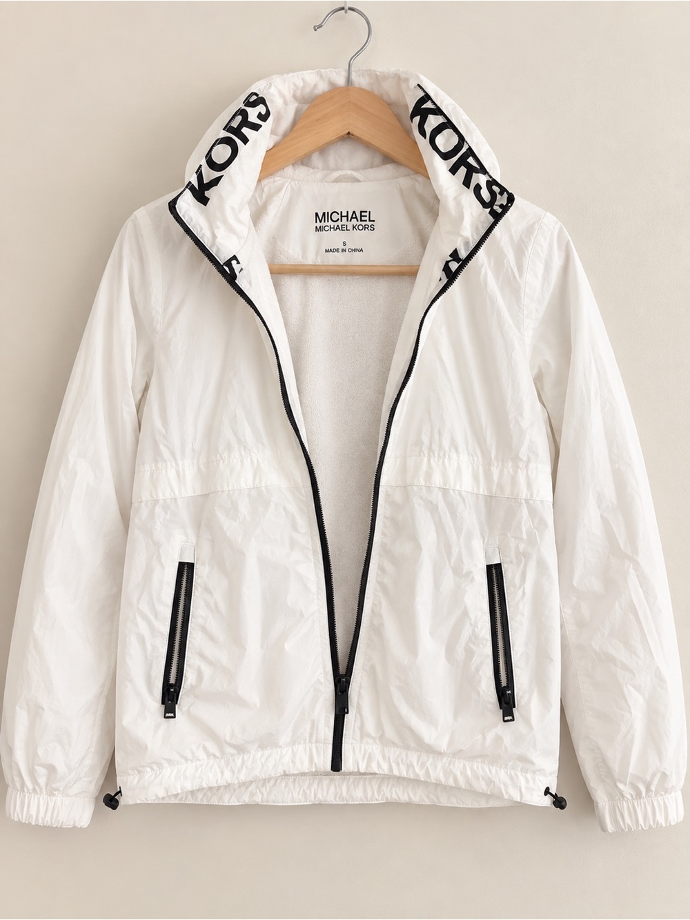 Michael Kors White Hooded Bomber Jacket with Black Trim